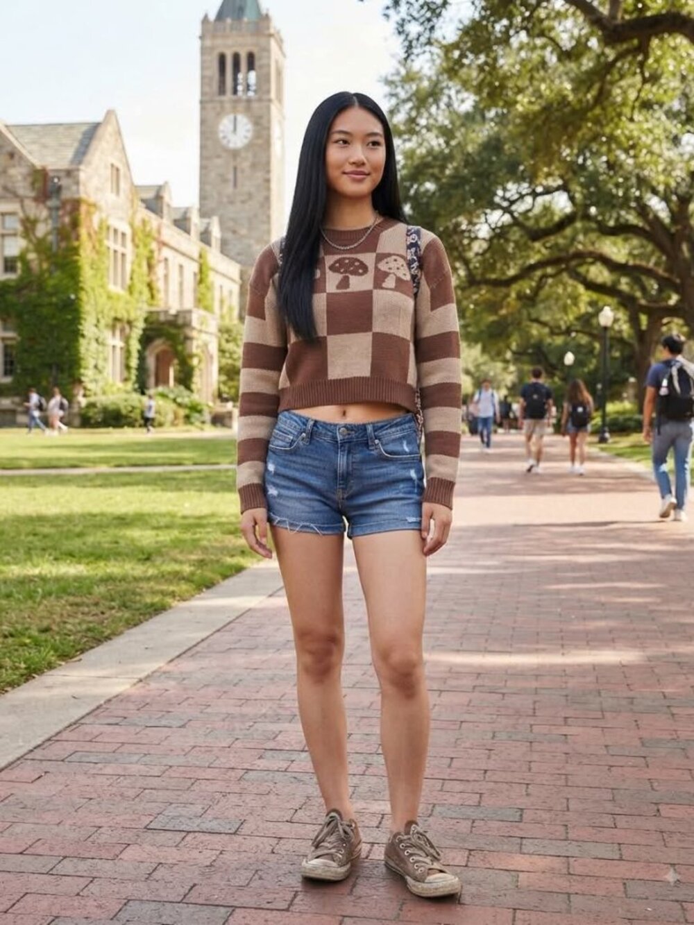 EUC Mushroom Checkered Crop Sweater Indie Retro Brown Knit Top